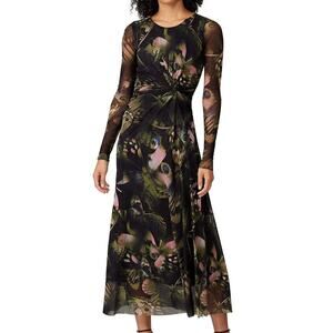 Fuzzi Butterfly Dress Printed Mesh Long Sleeve Twist Front Midi Size XS